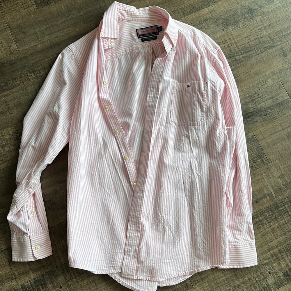 Mens Vineyard Vines pink and white striped slim fit tucker shirt